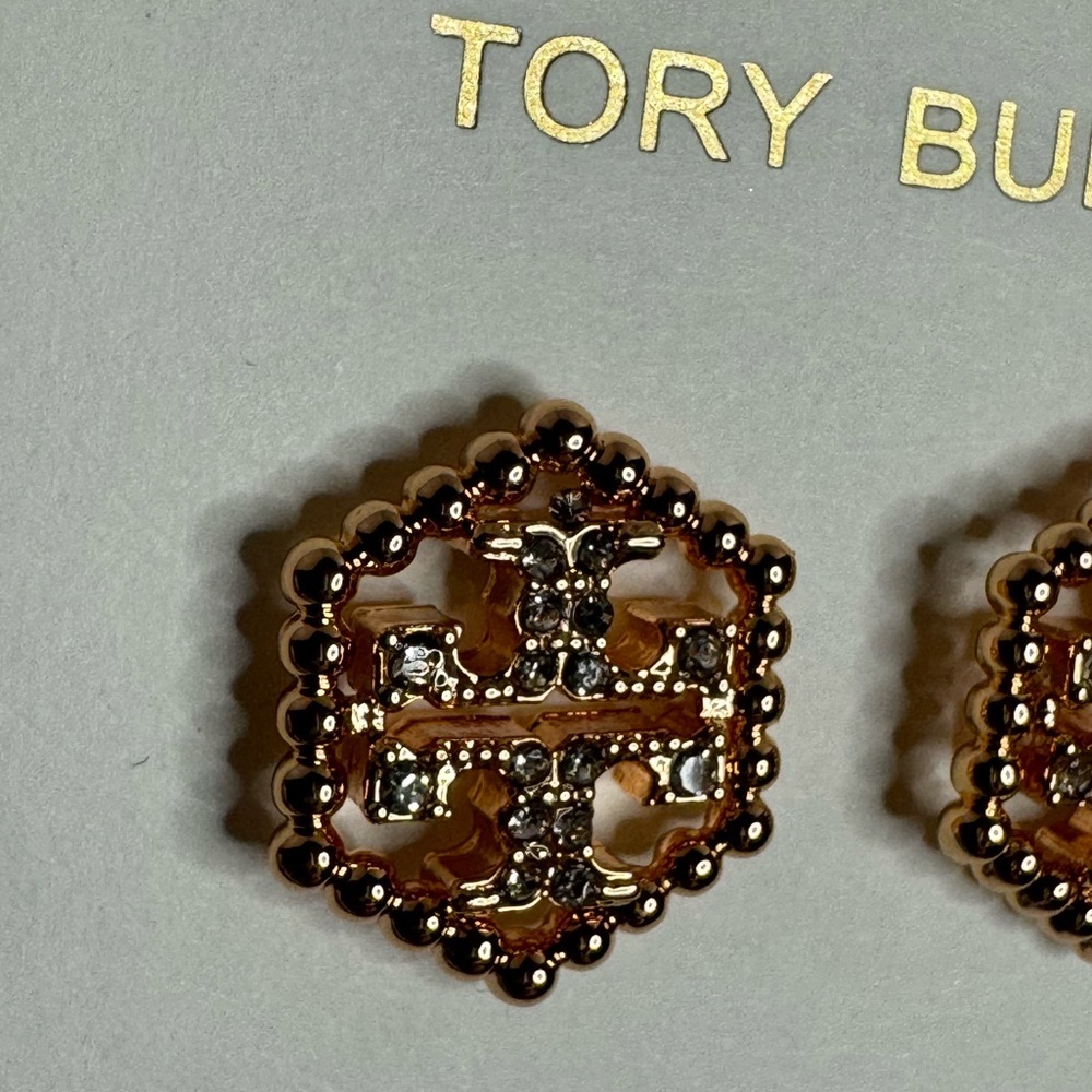 Tory Burch New Hex Pavé Rose Gold Stud Earrings in rose gold-tone brass - Picture 2 of 8